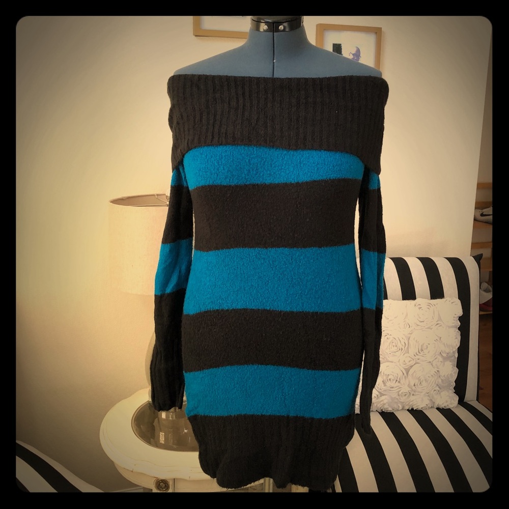Black and blue striped light sweater dress